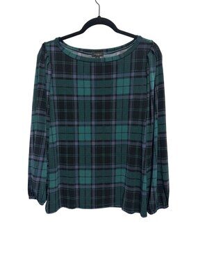 Ann Taylor Factory Womens Green & Black Plaid Long Sleeve Blouse Size M Polyeste
